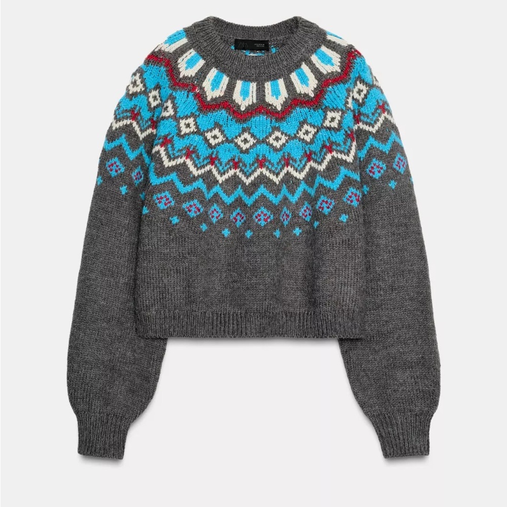 NWT Zara Multicolor Patterned Crew Neck Sweater Jacquard Knit Jumper XL gray - Picture 5 of 5